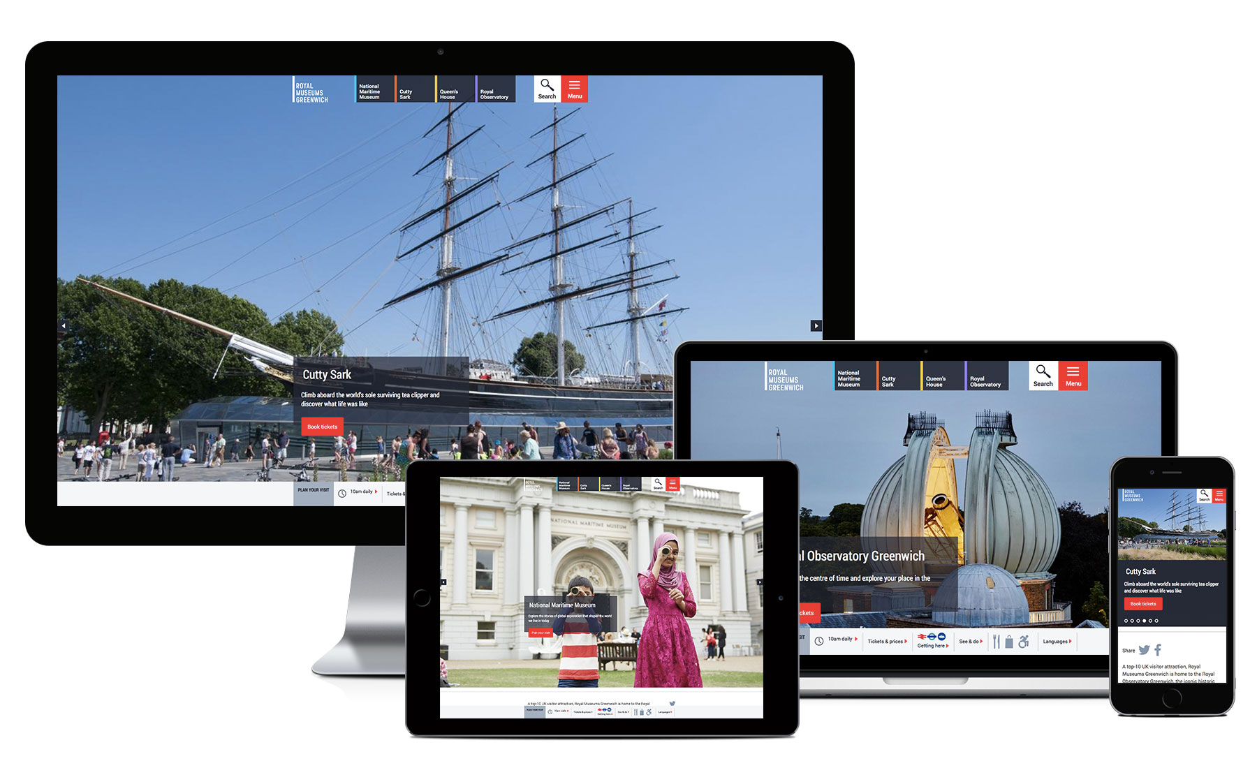 Desktop, Macbook, Tablet and iPhone showing different pages from the Royal Museum Greenwich&#039;s website