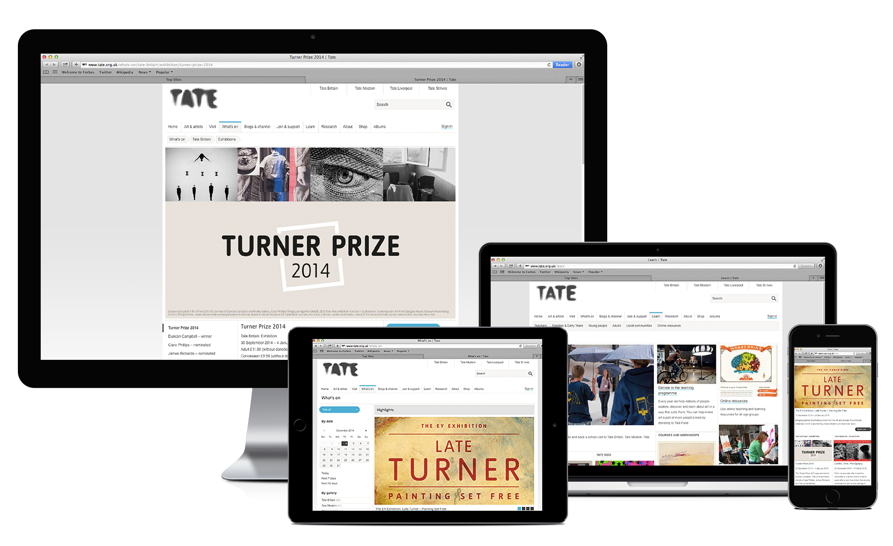 Desktop, Macbook, tablet, iPhone showing pages from the Tate Museums website 