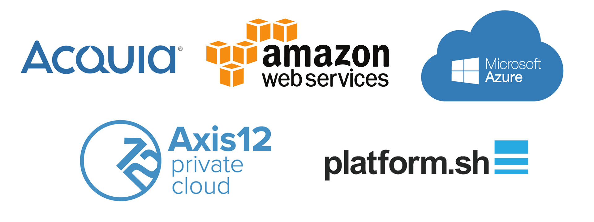 Acquia, Amazon Web Services, Microsoft Azure, Axis12 Private Cloud and Platform.sh logos