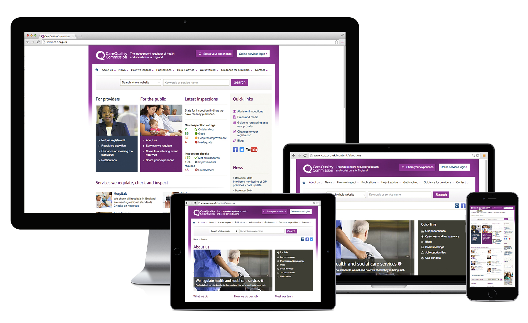 Desktop, Macbook, tablet and iPhone showing pages from Care Quality Commissions' website