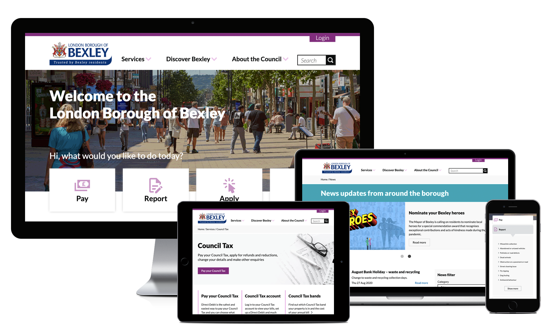 Desktop, Macbook, tablet and iPhone showing pages from Bexley Council’s Website