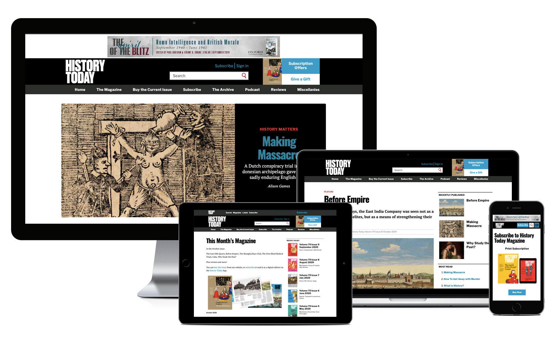 Desktop, Macbook, tablet and iPhone showing pages from History Today’s Website