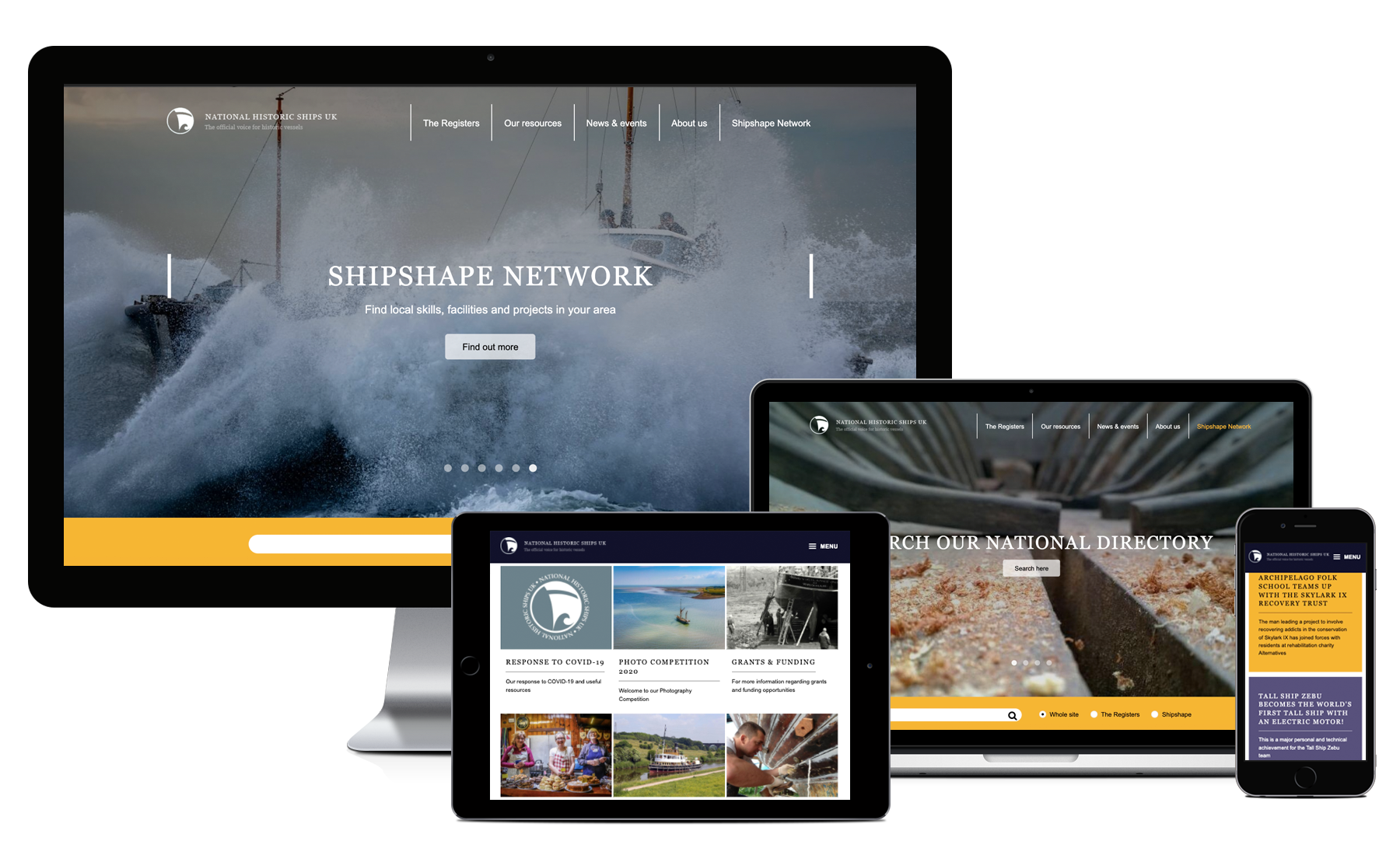 Desktop, Macbook, tablet and iPhone showing pages from National Historic Ships’ Website