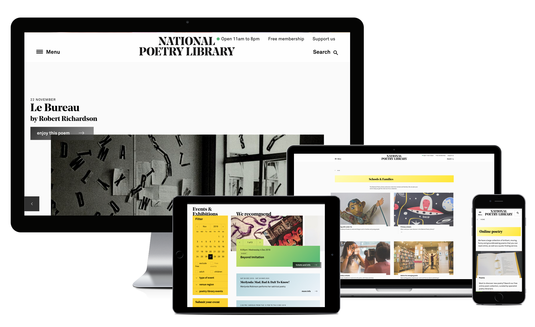 Desktop, Macbook, tablet and iPhone showing pages from the National Poetry Library’s website 