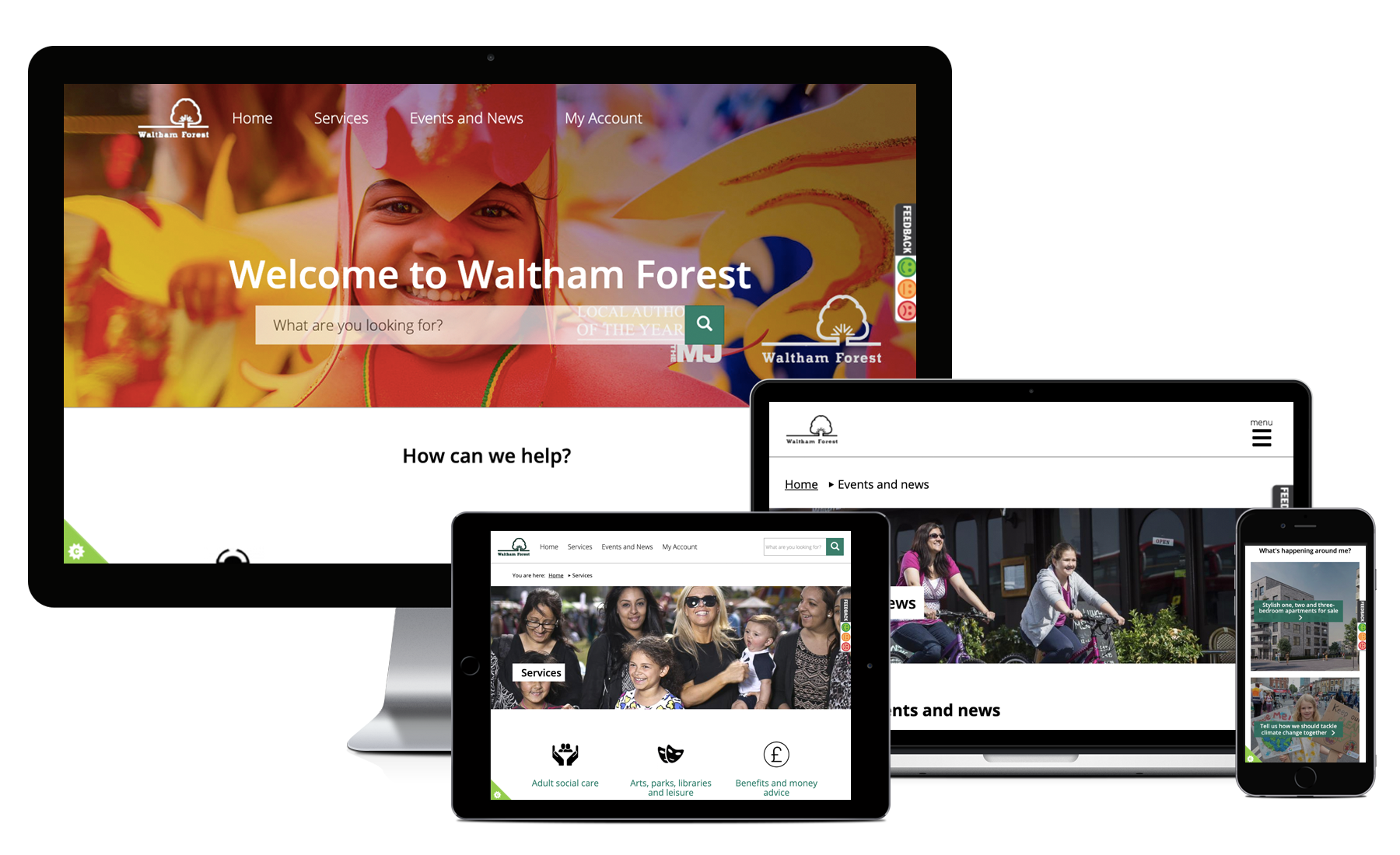 Desktop, Macbook, tablet and iPhone showing pages from Waltham Forest Council’s website 