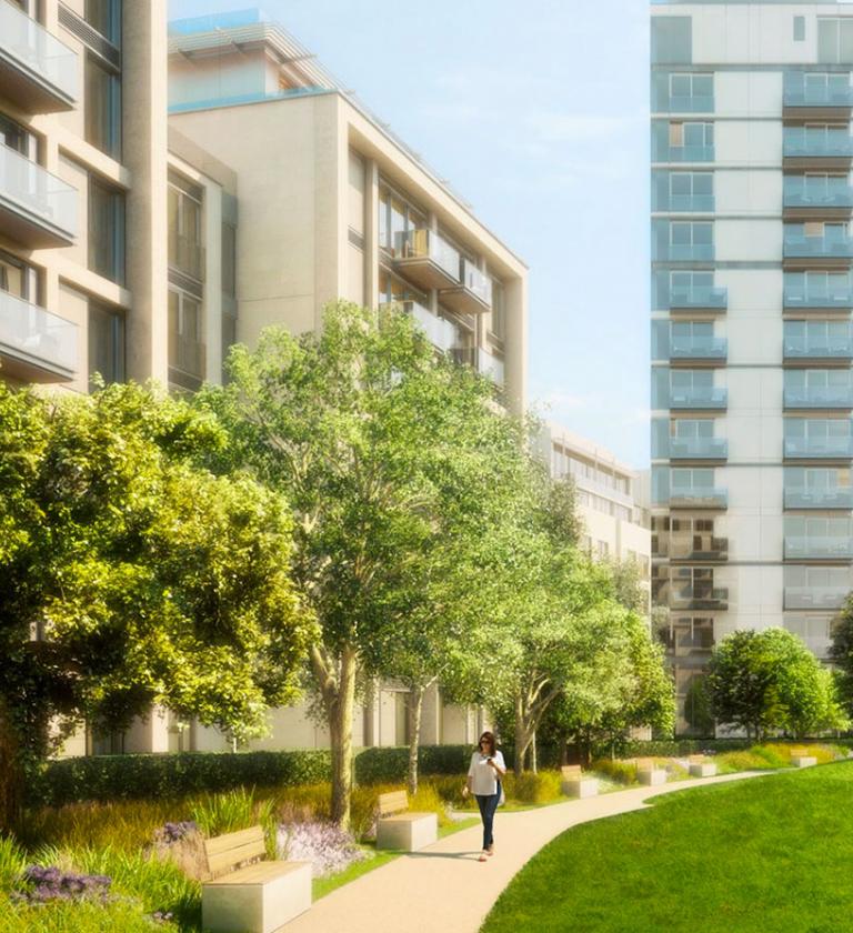 Mockup of Earls Court real estate showing green space with buildings in the background